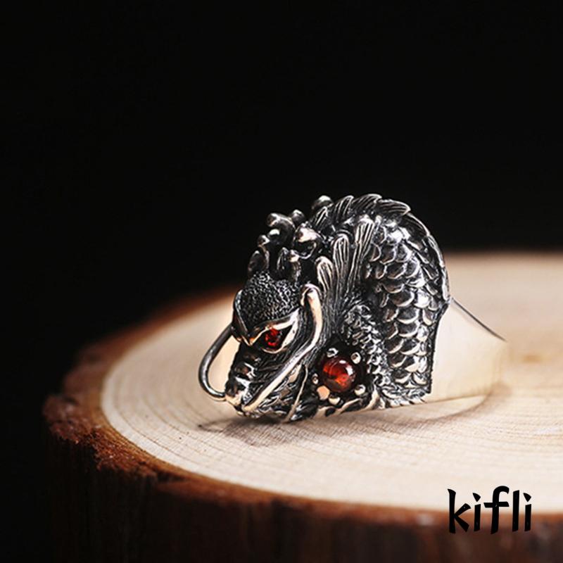 Cincin Lapis Silver Desain Kepala Naga Hias Zircon Gaya Vintage Untuk Wanita