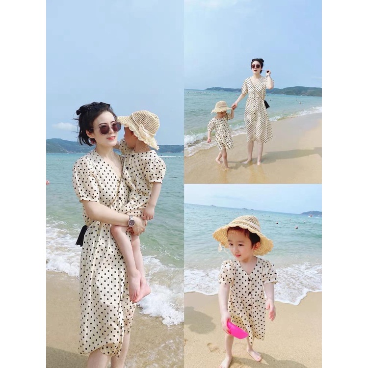 Dress Couple Mom &amp; Anak perempuan Impor Premium Polkadot Hitam