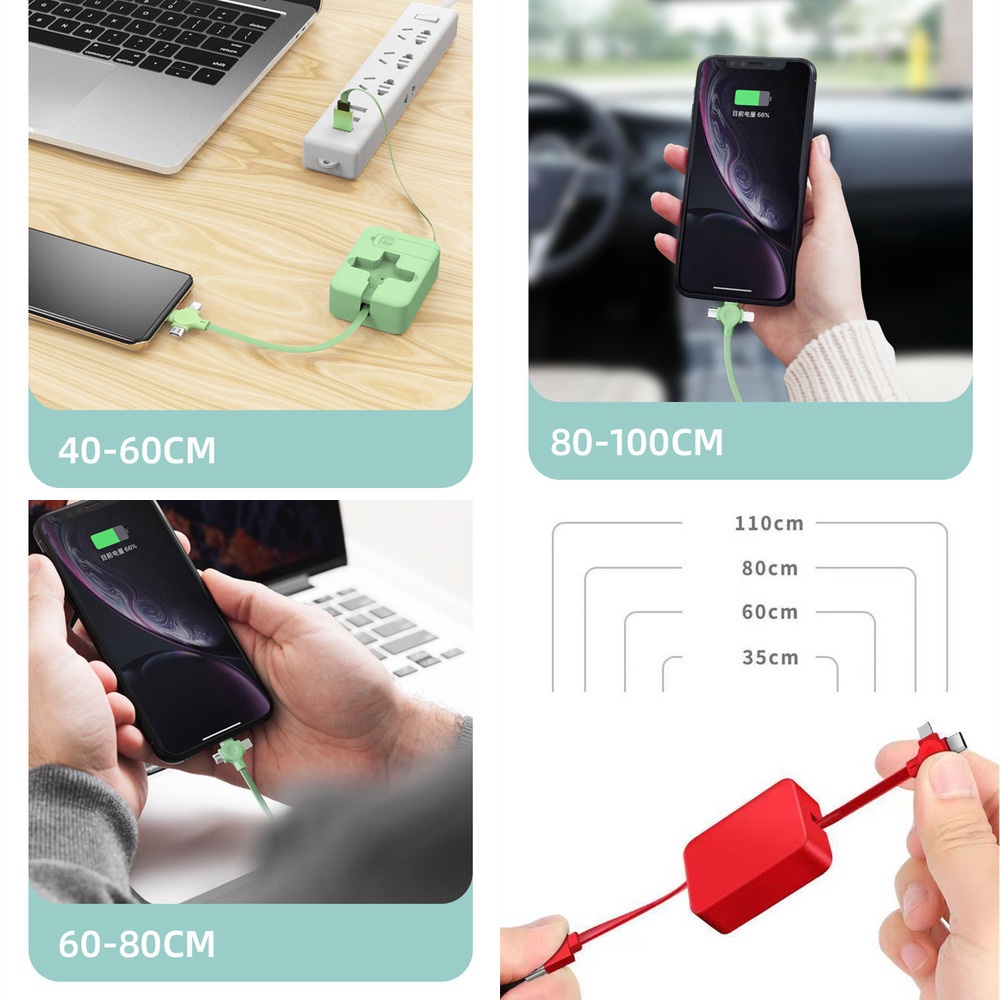 4 In 1 Kabel Charger USB Retractable Warna Macaron Dengan Holder Handphone