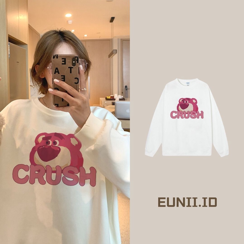 EUNII Sweater Lengan Panjang Cute Strawberry Bear Korean Style/Hoodie Oversize/Baju Wanita/Switer Wanita