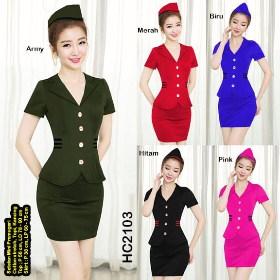 HC2103 Setelan Mini Pramugari Cotton Topi Kancing Stretch / Setelan Kostum Mini / Baju Costum Pramugari Seksi / Pramugari Costume