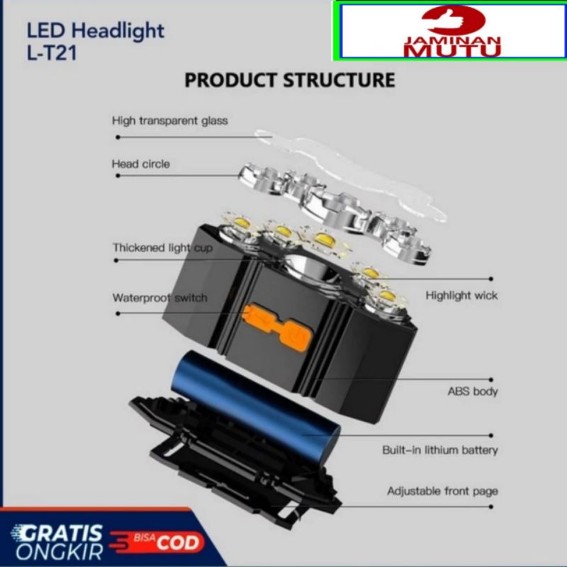 Senter Kepala 50 Watt 5 LED Rechargeable 3 Mode Cahaya - SENTER KEPALA LED USB