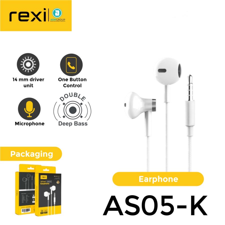 HEADSET EARPHONE REXI WIRED AS05-K 1.2M MICROPHONE DEEP BASS