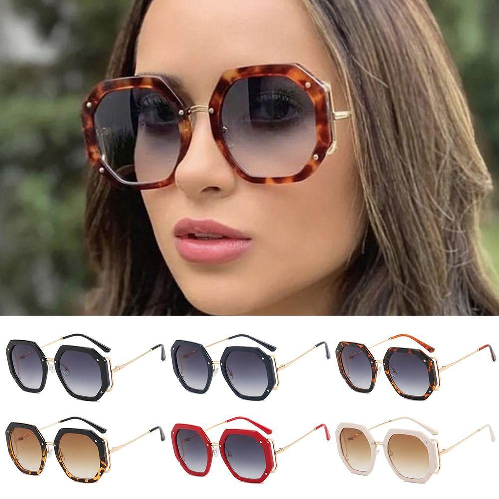 R-flower Kacamata Hitam Poligonal Wanita Vintage Oversized Metal Sun Glasses