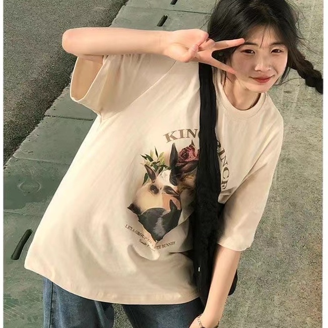 XIAOZHAINV Kaos Atasan Wanita Rabbit  Pattern Lengan Pendek 0044