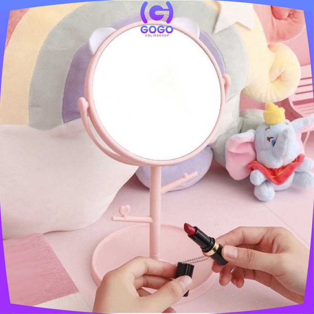 GOGO-K91 Cermin Motif Telinga Panda Serbaguna / Kaca Meja Rias Bulat Lucu / Standing Mirror Makeup Desktop Rotating Multifunction