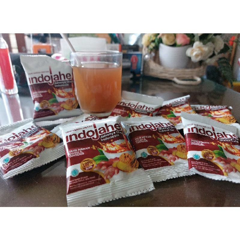 Indojahe 1 Renceng isi 10 bungkus Minuman Herbal Naik Imunnya Sehat Badannya Mengadung Bahan Jahe Merah Madu Gingseng Sangat Cocok Untuk Buket Hadiah Orang Tercinta