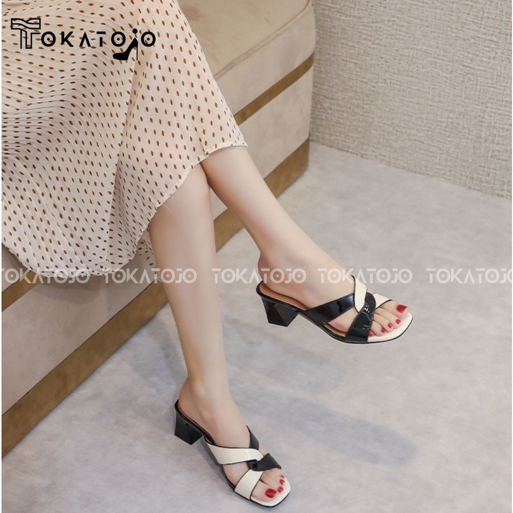 Sendal hak 5 cm heels silang  terbaru black and white cantik dan elegan