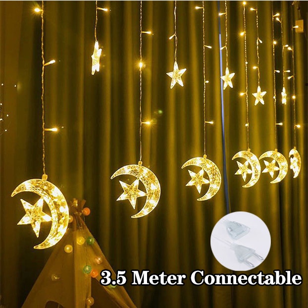 [ Ready Stock ] Lampu Tirai Bulan Bintang LED Curtain Light Kelap Kelip Warm white Rainbow Lampu Natal Tirai LED Bintang Lampu Hias