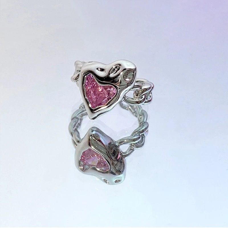 Mhang Cincin Silver Asimetris Gaya Eropa / Amerika Motif Hati Aksen Kristal Pink Untuk Wanita