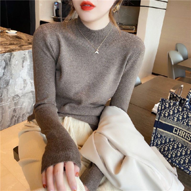 Sweater setengah turtleneck wanita 2022 musim gugur dan musim dingin baru sweater rajutan slim fit lengan panjang atasan all-match kemeja bottoming gaya Barat