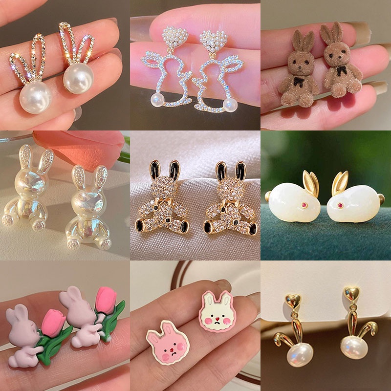 Anting Desain Kartun Hewan Kelinci Aksen Mutiara Untuk Fashion