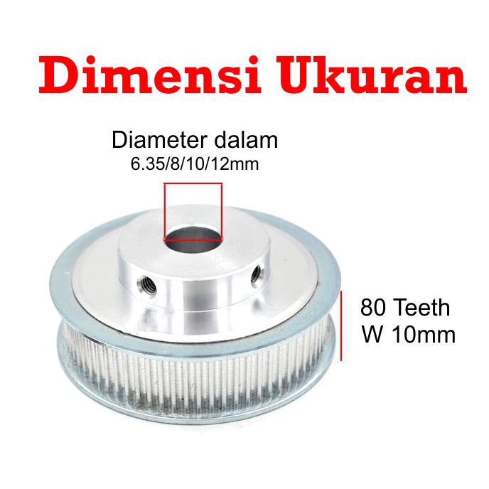 [HAEBOT] HTD3M Pulley Pully Timing BF CNC 80T W10 Bore 6.35 8 10 12 mm 3D Printer Lebar 10mm Puley Printer Aluminium Pitch 3mm Silver Bor