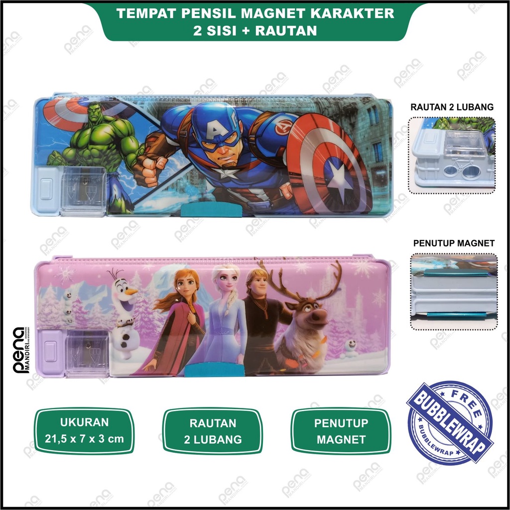 Tempat Pensil Magnet Karakter 2 Sisi + Rautan / Kotak Pensil 2 Sisi