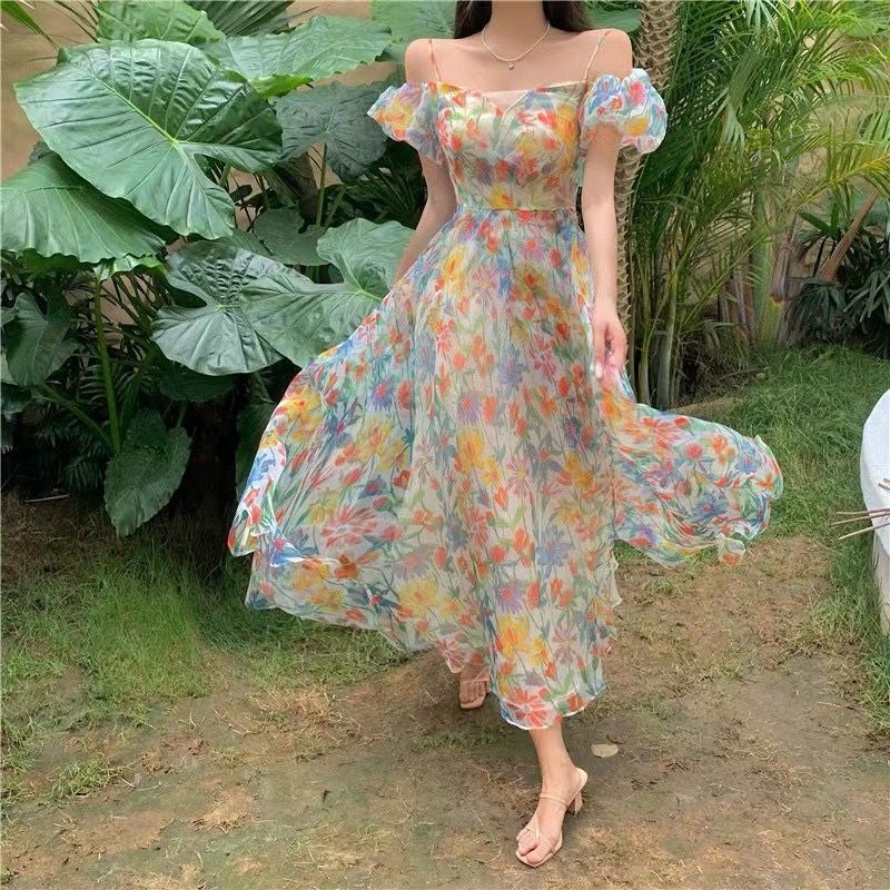 9863 Baju Dress OFF SHOULDER A-line gaun pesta motif bunga flower floral dres.korea Korean style wan