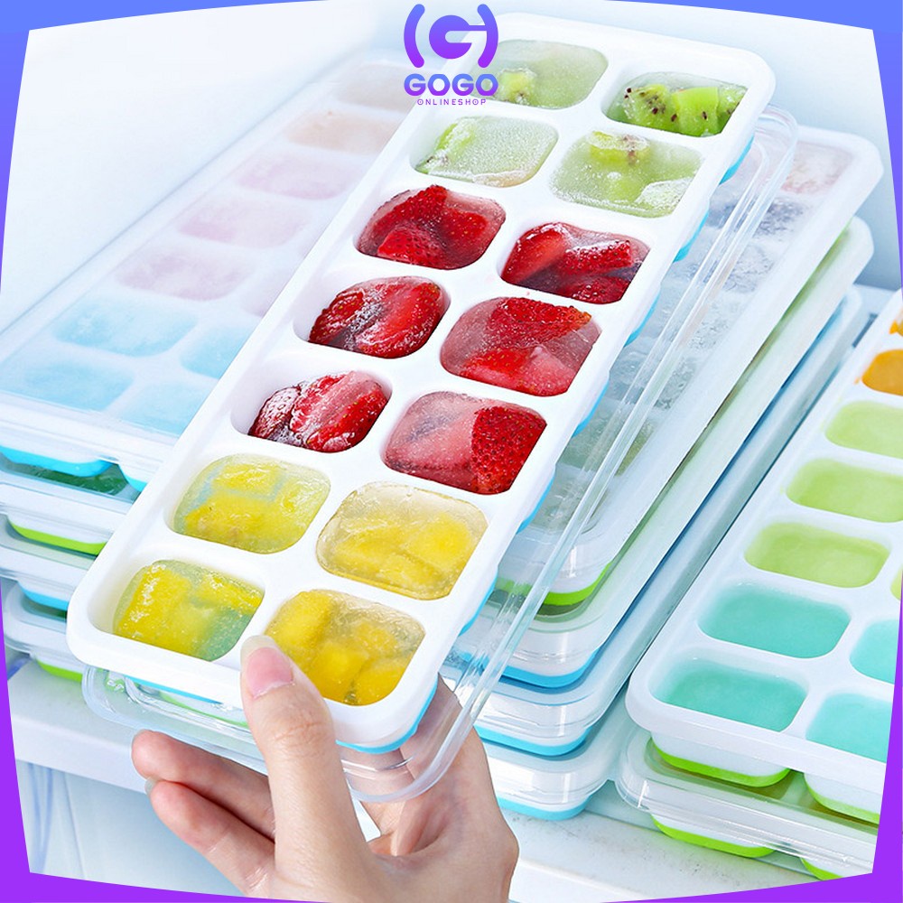 GOGO-C532 Cetakan Es Batu Dengan Tutup Bentuk Kotak Bahan Silikon Serbaguna / Ice Cube Tray 14 Slot / Cetakan Coklat Pudding Jelly