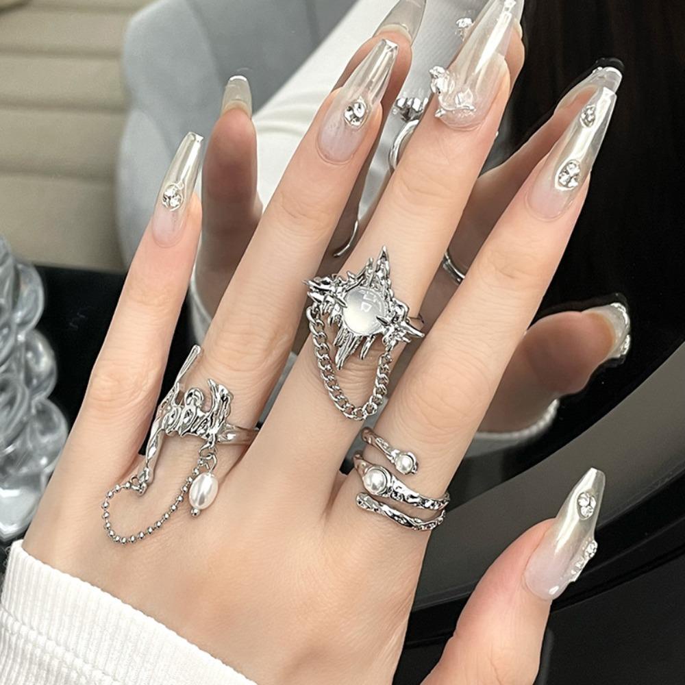 NEEDWAY Needway Wanita Cincin Berlebihan Kepribadian Vintage Opal Batu Bintang Berongga Keluar Tidak Teratur Gothic Temperamen Gaya Korea Ring