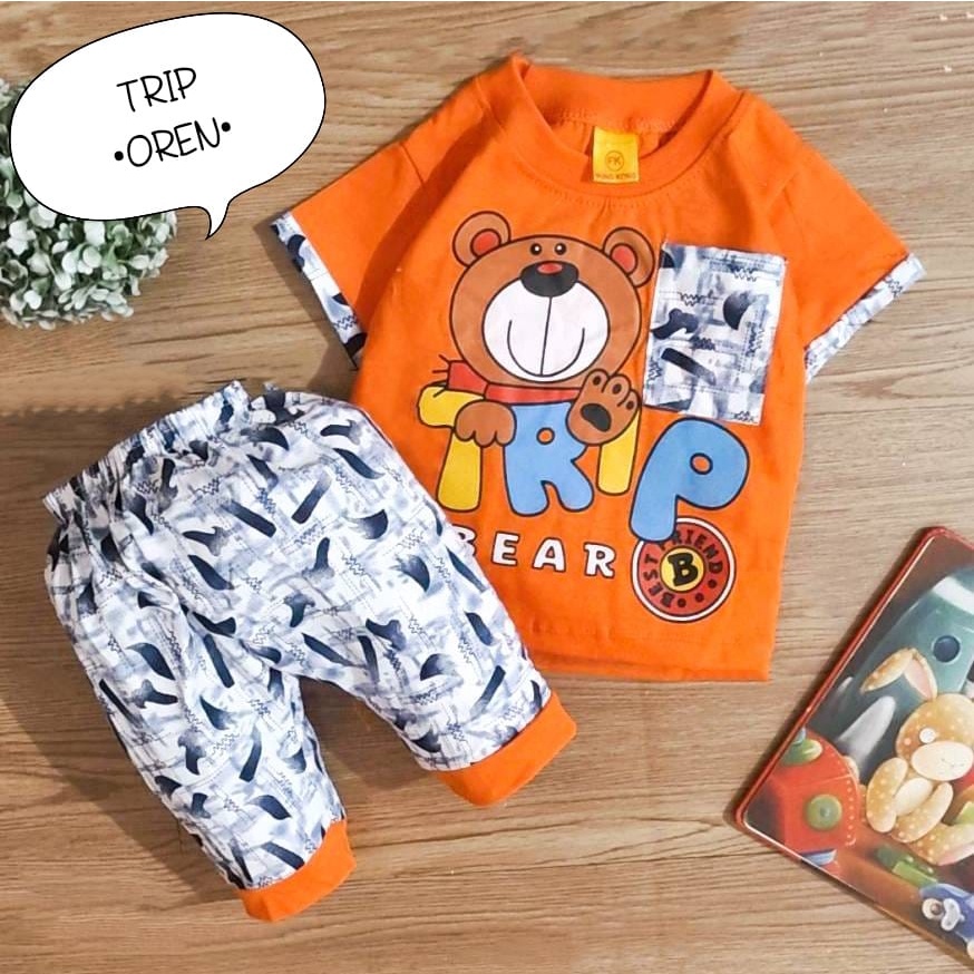 Setelan Baju Bayi Laki-Laki 0-6 Bulan Atasan Dan Celana Motif Trip Dan Slam Dunk / Pakaian Anak Cowok