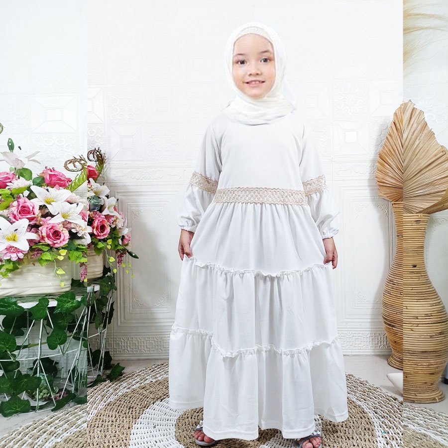 CARLINA MAHIRA ANAK MUSLIMAH DRESS 3 SUSUN RENDA PINGGANG LENGAN BALON 2-13tahun