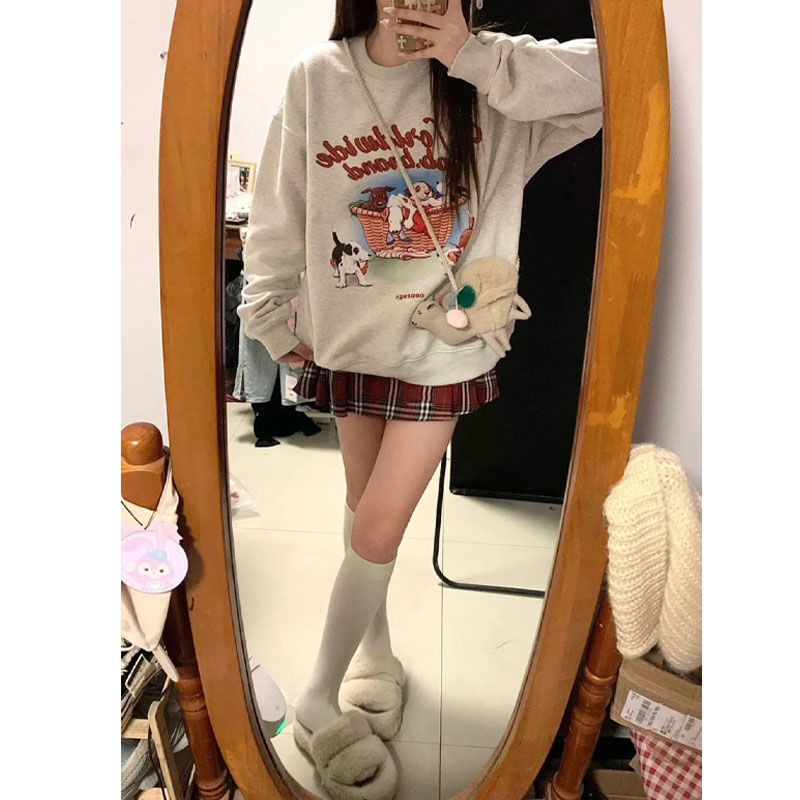 2022 Musim Gugur dan Musim Dingin Plus Beludru Tebal Sweater Siswa Perempuan Longgar Ins Versi Korea dari Merek Trendi Oversize Jaket atasan Lengan Panjang