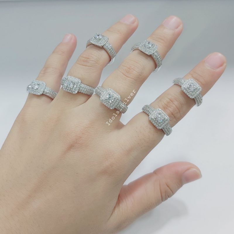 CINCIN PERAK ASLI SILVER WANITA 925 LAPIS EMAS PUTIH MODEL KOTAK PERMATA FULL DIAMOND - PERHIASAN PERAK WANITA