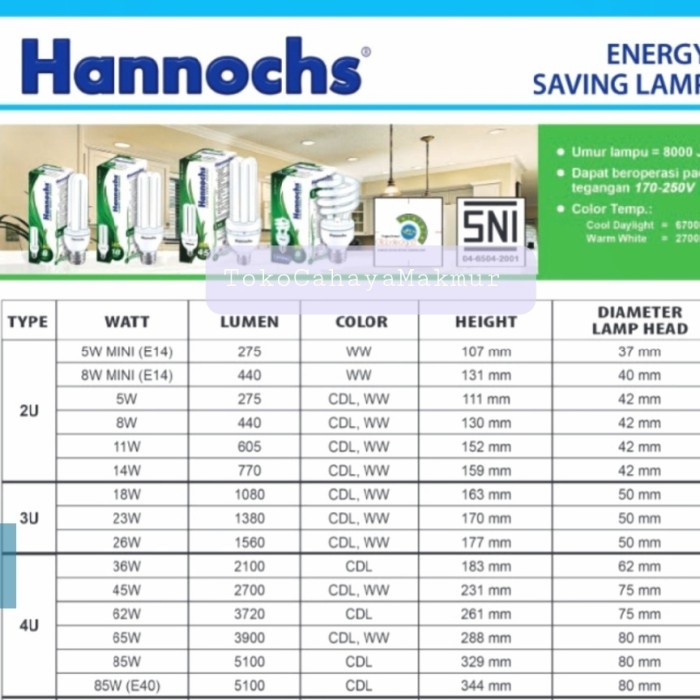 Lampu Bolham Hannochs LHE 8w 8watt 2U PLC Lampu Hemat Energy