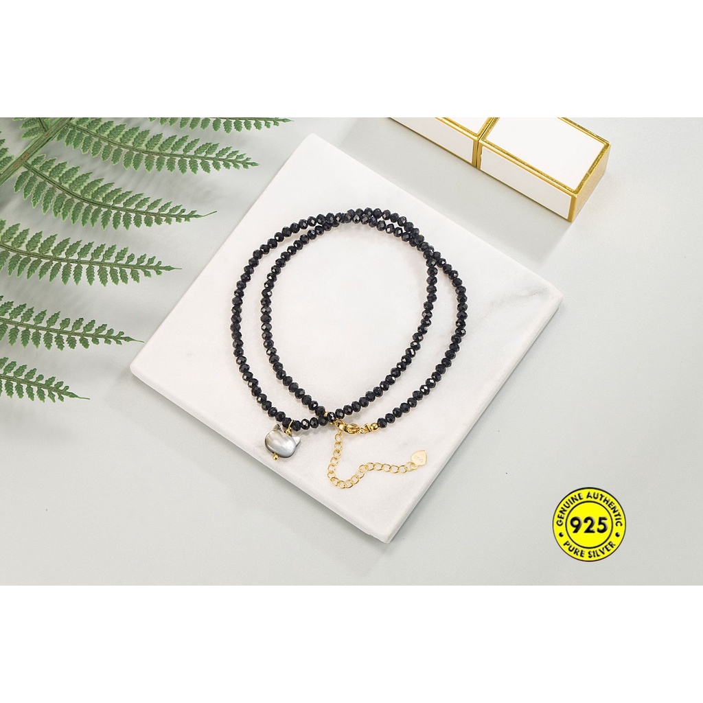 Kalung Rantai Panjang Liontin Kucing + Kerang Lucu Warna Hitam Untuk Wanita U1385