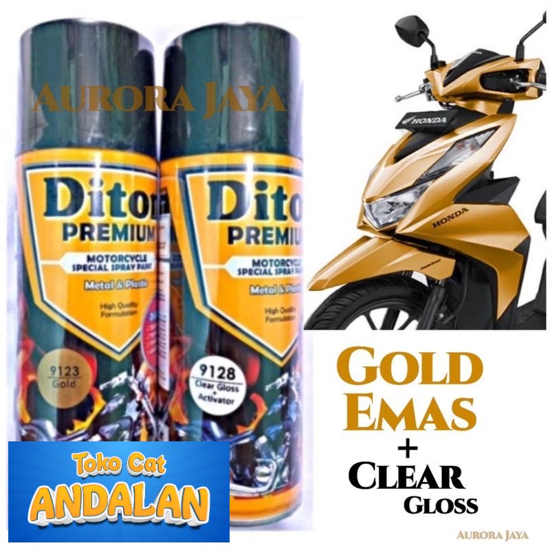 

Paket Diton Premium Gold 9123 + Clear 9128 / Cat Emas Mengkilap 400ml Vernis Gloss Pilok Mas Pilox Pylox