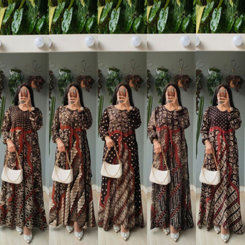 Baju Gamis Batik Modern Kombinasi Polos Ori Pekalongan Lengan Panjang Terbaru Premium