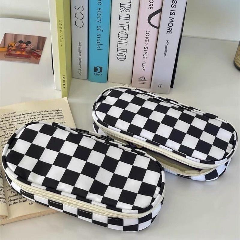 

Black White Lattice Pencil Case Large Capacity Canvas Pencil Bag Kawaii Stationery School Pen Case S