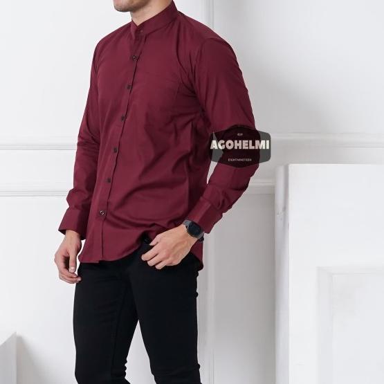 Kemeja Lengan Panjang Pria Merah Maroon Kerah Shanghai Polos Slimfit - Maroon, L