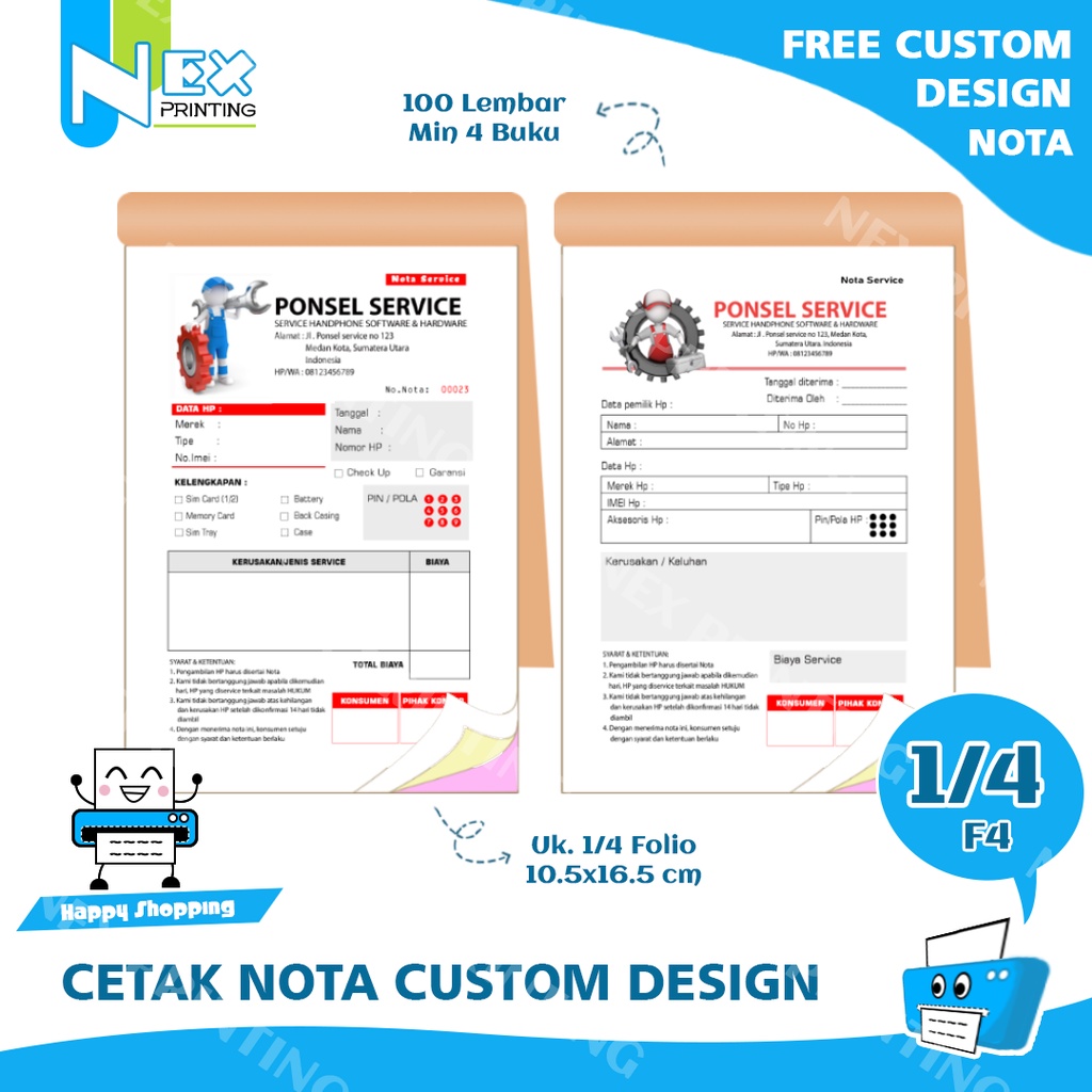 Cetak Nota Ukuran 1/4 Folio Bon Faktur Toko Online Ofline Emas Restoran Laundry rangkap 1 2 3 4 5