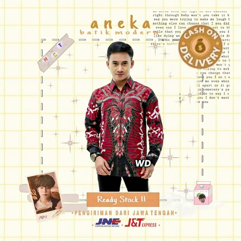 HEM KEMEJA ATASAN BATIK PRIA COWOK LENGAN PANJANG WARNA MERAH MAROON KOMBINASI HITAM PUTIH