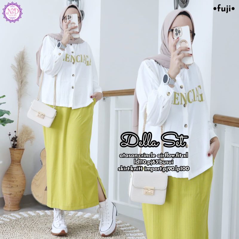 DELLA SET BY N&D | Setelan Wanita Atasan Blouse Bahan Crinkle Airflow Tulisan Balenciaga Rok Knit Im