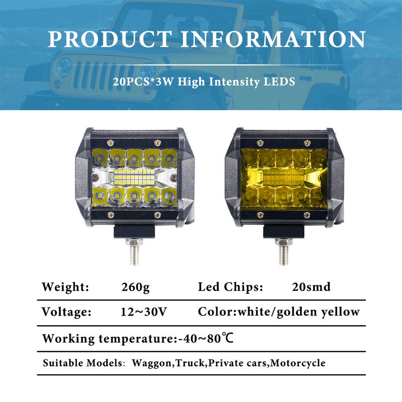 2pcs 12v 60WATT Lampu Tembak Sorot Led PUTIH WORKLIGHT MT Star Cwl 20 Mata Sinar Putih 6000 (Kcangkang plastik)