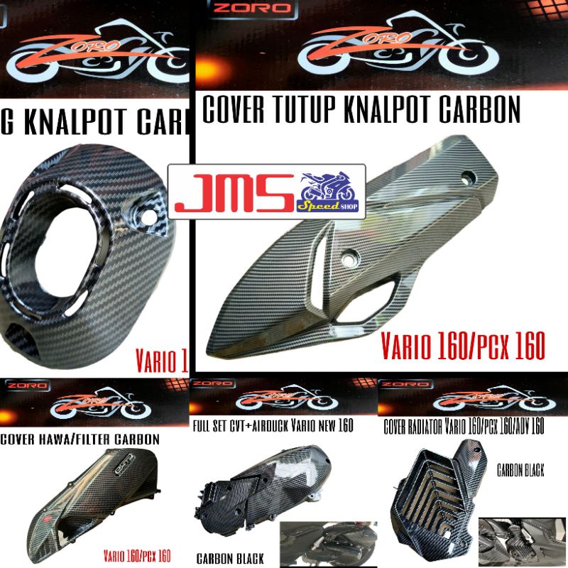 cover carbon cvt dan sambungan cvt/cover knalpot carbon/corong knalpot/cover radiator carbon filter hawa carbon vario160 set paket zoro