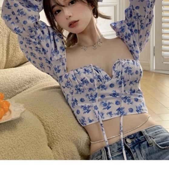 ➚➹✲ Korean Blouse Crop Top Square Neck Sabrina Atasan Wanita Sabrina Motif Flower 2632 Terkini