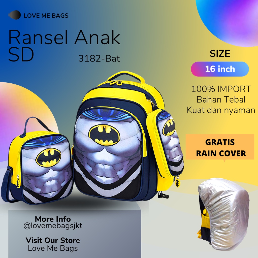 LMB Tas Sekolah Anak Laki Laki SD Import Set 3in1 Bahan Nilon Premium Bagian Depan Timbul 6D Tebal Dan Kuat