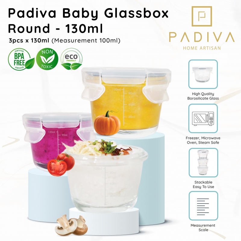 PADIVA BABY GLASSBOX ROUND 130 ML (3PCS)(GBB130R) - WADAH KACA MPASI