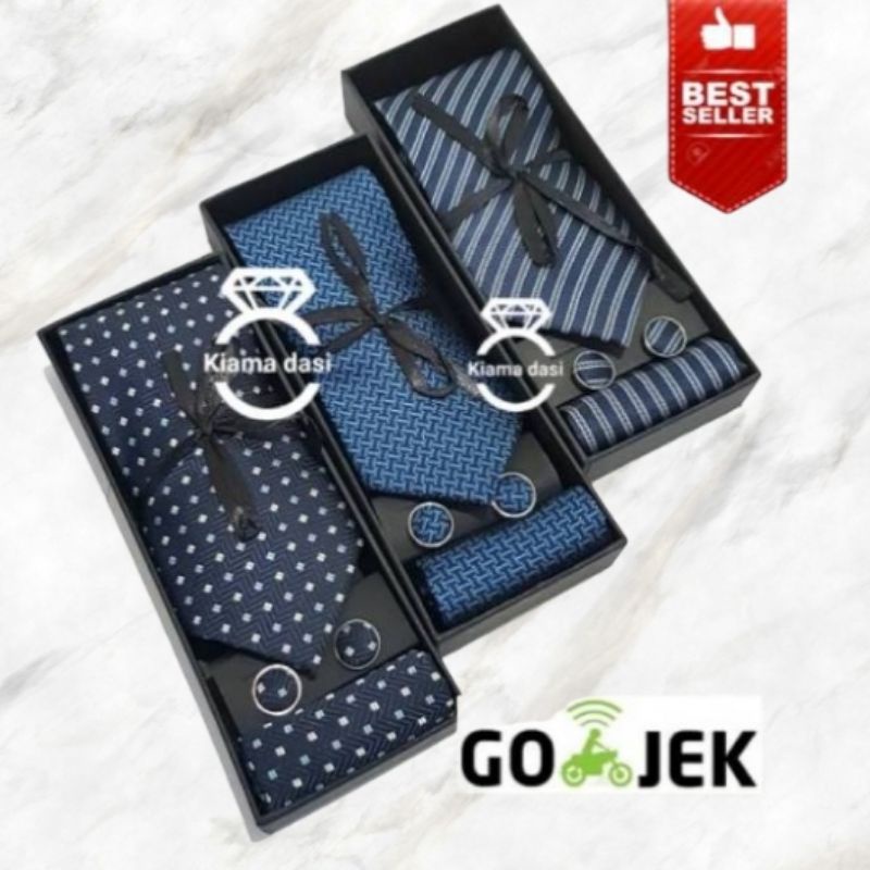 SET BOX Dasi Panjang Pocket Square Cufflink Gift Motif Pria Manset pernikahan Wedding