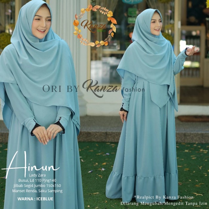 Gamis Ainun Syari Ice Blue Dress Set Jilbab Premium Busui Realpict Original Kanza