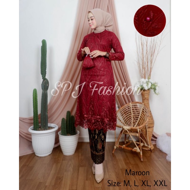 (REALPICT) stelan kebaya tunik tulle bordir/kebaya modern/kebaya tunik burkat/set kebaya seragaman pesta/wisuda/couple keluarga best terlaris