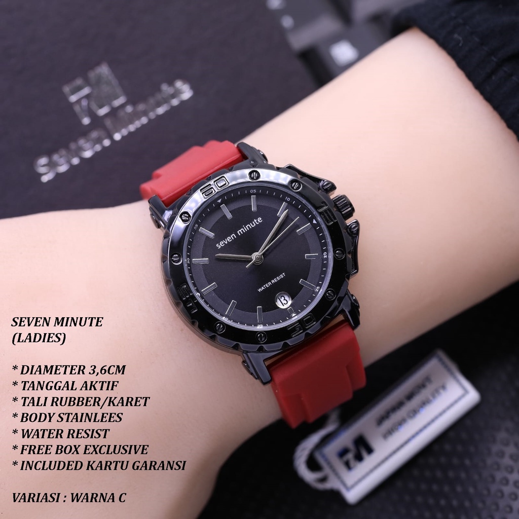 (FREE BOX) JAM TANGAN WANITA SEVEN MINUTE LS-0008 TALI RUBBER BODY STAINLEES TANGGAL AKTIF