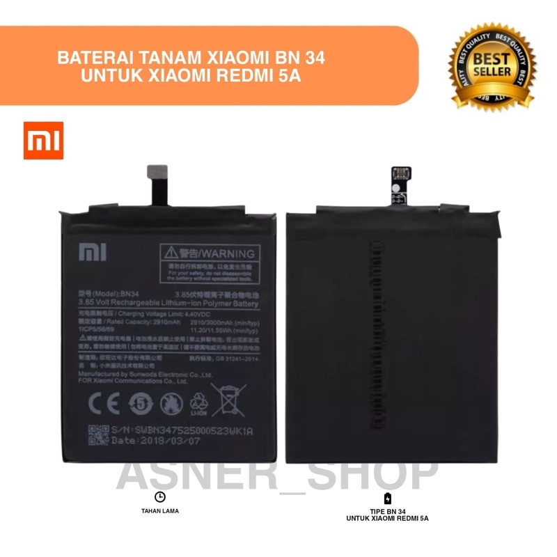 Baterai Xiaomi BN34 Bat Redmi 5A / Bateray Tanam Redmi5A Model Original