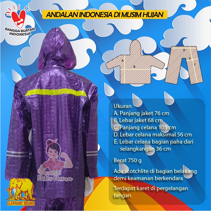 Jas Hujan Setelan Jaket Celana 3D GAJAH ELEPHANT PREMIUM BIG SIZE XXL