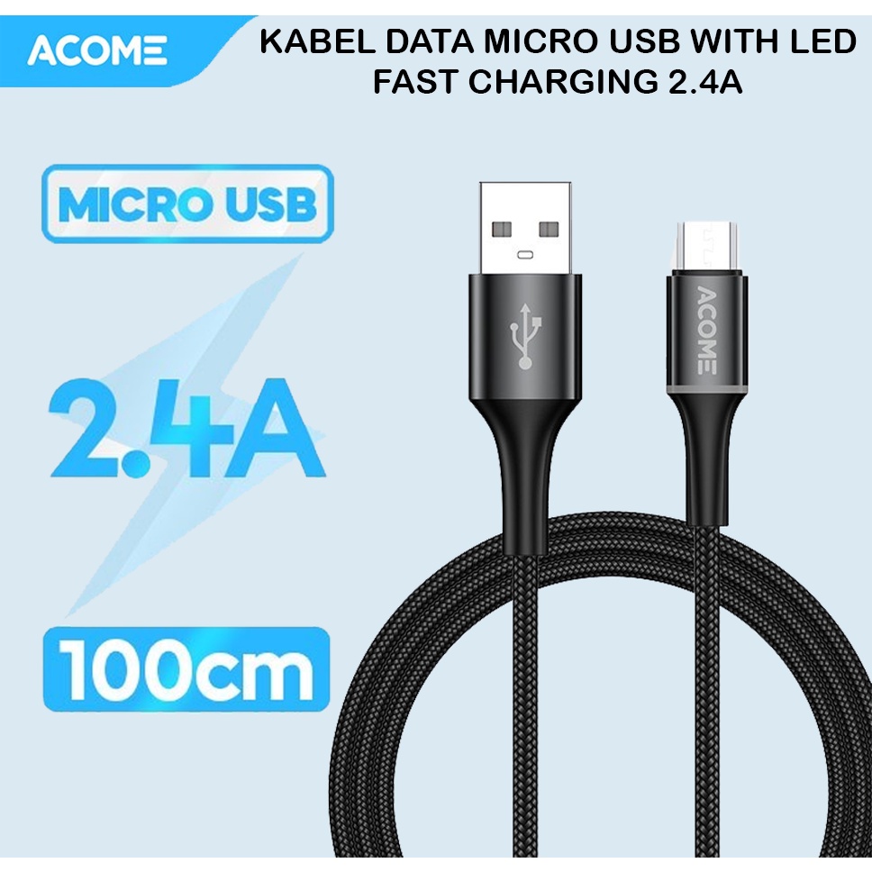 Acome Aom-010 Kabel Data Micro Usb Led Cable Fast Charging 2.4a Vivo Oppo Xiaomi