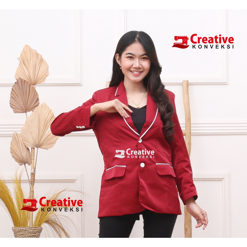 (BISA COD) Jas Blazer Pria wanita Formal Kancing dua Slim Fit jas warna merah maroon lis putih / jas almamater sekolah / jas osis / jas pondok pesantren