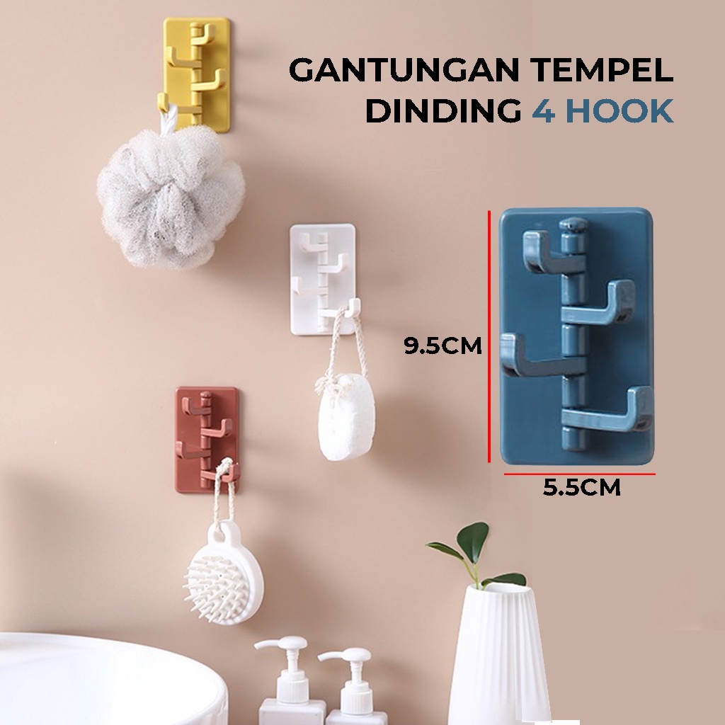 Gantungan Hook 4 Kait Putar Tempel Dinding Stand Hanger 4 IN 1 Serbaguna Cantolan Tempat Gantung Handuk Pakaian Tas Kunci Spatula Lain nya Rak gantungan Tempel Tembok Kamar Dapur Toilet Rapi Anti Slip | GROSIRXPRESS