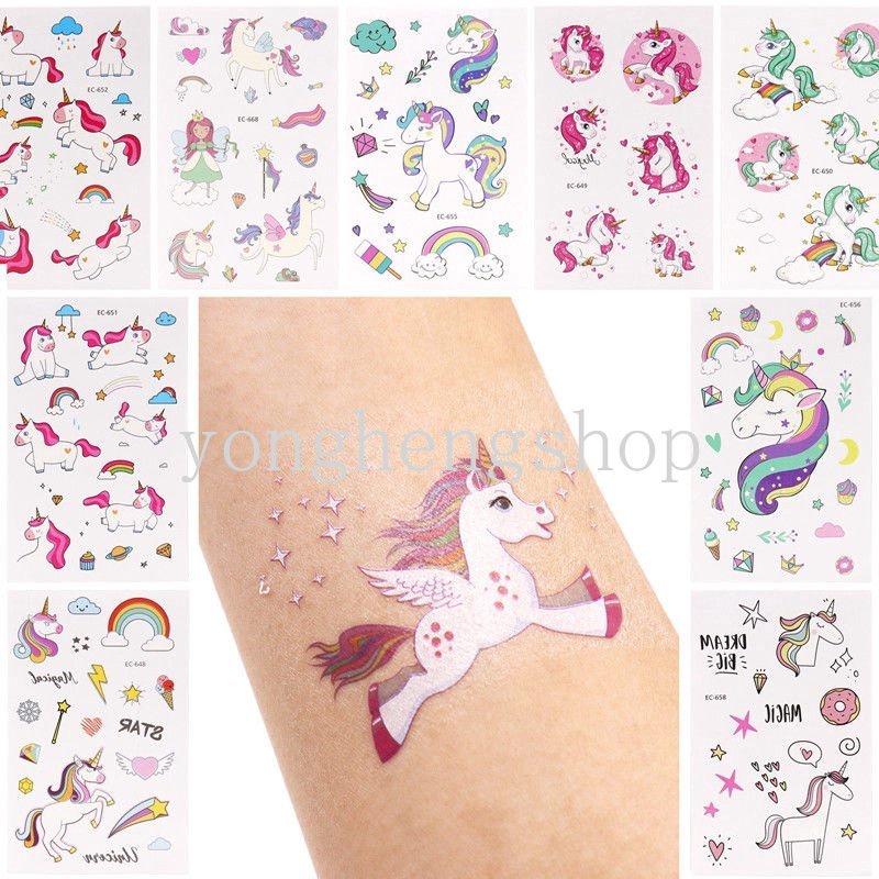 Stiker Tato Temporer Desain Unicorn Untuk Dekorasi Pesta Ulang Tahun Anak