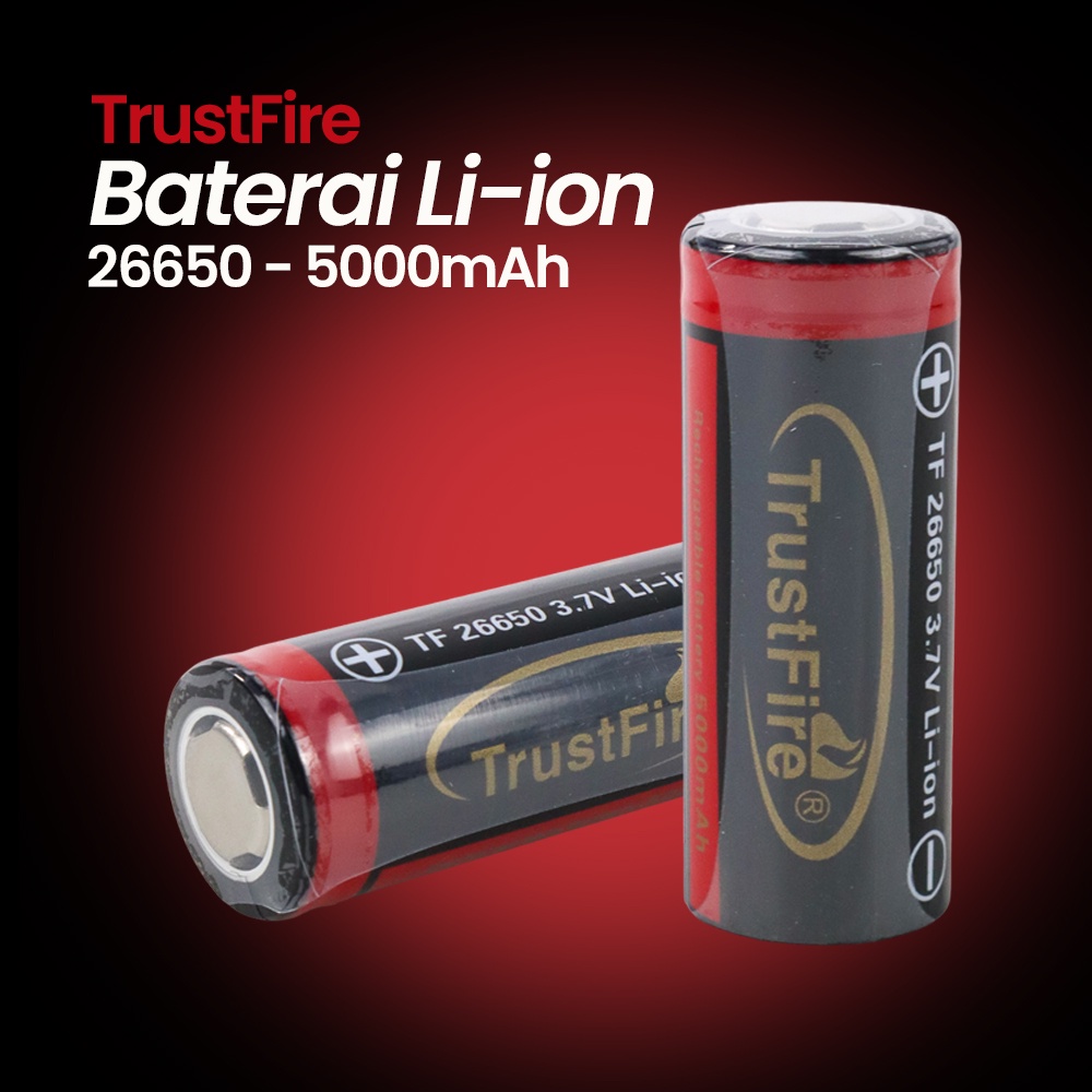 TrustFire Baterai Li-ion 26650 5000mAh 3.7V Flat Top 1PCS cocok untuk senter baterai besar